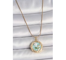 316L Çelik Gold Renk Zincir Mavi Çiçek İşlmeli İnci Detay Portre Model Kadın Kolye - TJ-BKO10080