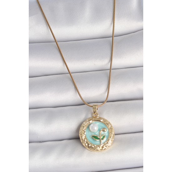 316L Çelik Gold Renk Zincir Mavi Çiçek İşlmeli İnci Detay Portre Model Kadın Kolye - TJ-BKO10080