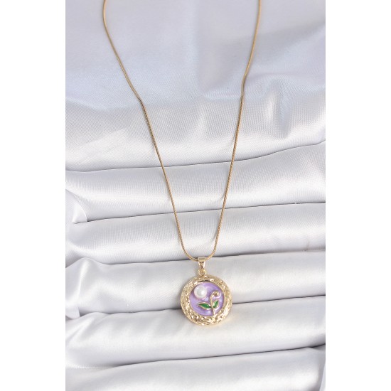 316L Çelik Gold Renk Zincir Mor Çiçek İşlemeli İnci Detay Potre Model Kadın Kolye - TJ-BKO10081