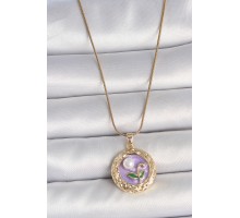 316L Çelik Gold Renk Zincir Mor Çiçek İşlemeli İnci Detay Potre Model Kadın Kolye - TJ-BKO10081