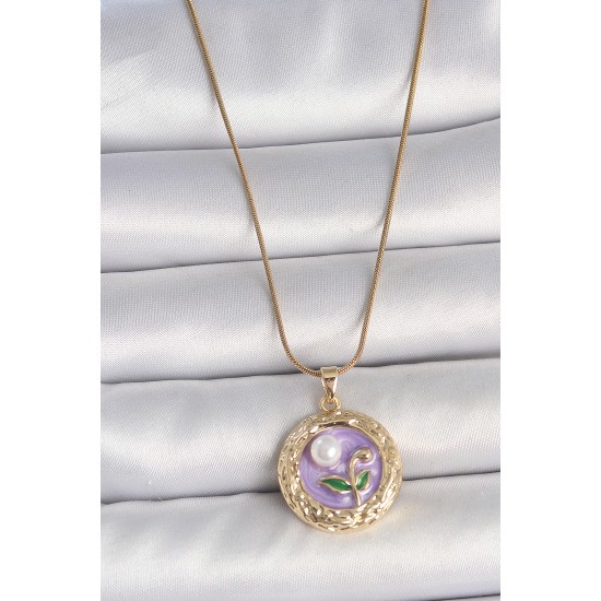 316L Çelik Gold Renk Zincir Mor Çiçek İşlemeli İnci Detay Potre Model Kadın Kolye - TJ-BKO10081