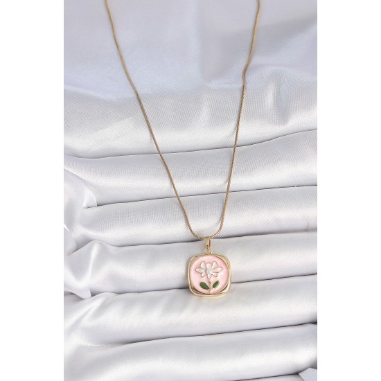 316L Çelik Gold Renk Zincir Pembe Papatya İşlemeli İnci Detay Kadın Kolye - TJ-BKO10082
