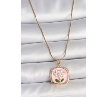 316L Çelik Gold Renk Zincir Pembe Papatya İşlemeli İnci Detay Kadın Kolye - TJ-BKO10082