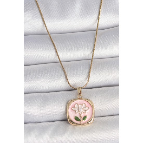 316L Çelik Gold Renk Zincir Pembe Papatya İşlemeli İnci Detay Kadın Kolye - TJ-BKO10082