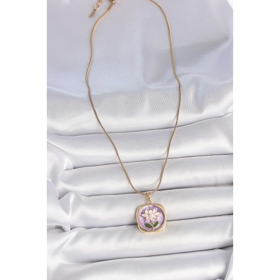 316L Çelik Gold Renk Zincir Mor Papatya İşlemeli İnci Detay Portre Model Kadın Kolye - TJ-BKO10084