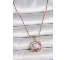 316L Çelik Gold Renk Zincir Mor Papatya İşlemeli İnci Detay Portre Model Kadın Kolye - TJ-BKO10084