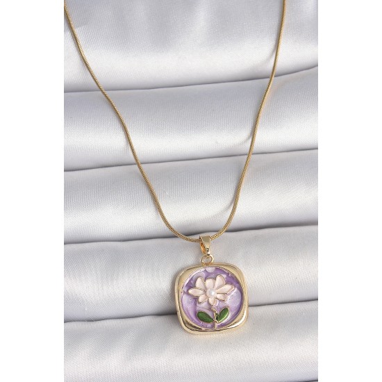316L Çelik Gold Renk Zincir Mor Papatya İşlemeli İnci Detay Portre Model Kadın Kolye - TJ-BKO10084