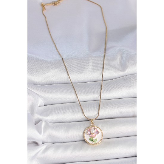 316L Çelik Gold Renk Zincir Beyaz Renkli Çiçek İşlemeli İnci Detay Portre Model Kadın Kolye - TJ-BKO10085
