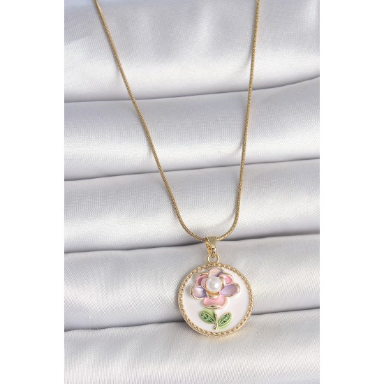 316L Çelik Gold Renk Zincir Beyaz Renkli Çiçek İşlemeli İnci Detay Portre Model Kadın Kolye - TJ-BKO10085