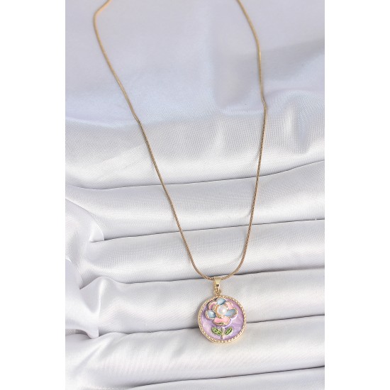 316L Çelik Gold Renk Zincir Mor Çiçek İşlemeli İnci Portre Model Detay Kadın Kolye - TJ-BKO10086