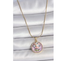 316L Çelik Gold Renk Zincir Mor Çiçek İşlemeli İnci Portre Model Detay Kadın Kolye - TJ-BKO10086