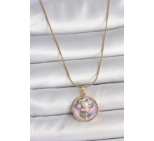 316L Çelik Gold Renk Zincir Mor Çiçek İşlemeli İnci Portre Model Detay Kadın Kolye - TJ-BKO10086