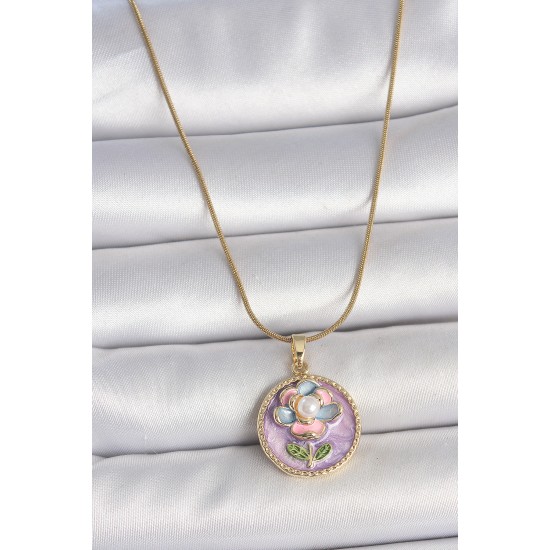 316L Çelik Gold Renk Zincir Mor Çiçek İşlemeli İnci Portre Model Detay Kadın Kolye - TJ-BKO10086