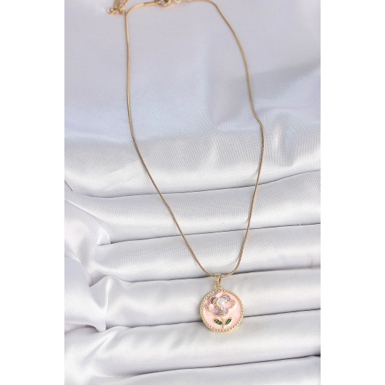 316L Çelik Gold Renk Zincir Pembe Çiçek İşlemeli İnci Detay Portre Model Kadın Kolye - TJ-BKO10087