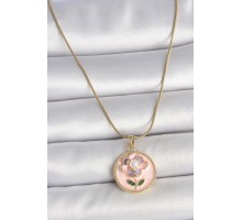 316L Çelik Gold Renk Zincir Pembe Çiçek İşlemeli İnci Detay Portre Model Kadın Kolye - TJ-BKO10087