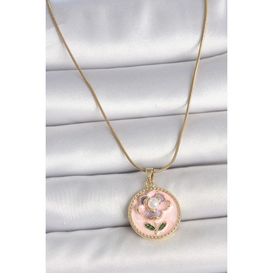 316L Çelik Gold Renk Zincir Pembe Çiçek İşlemeli İnci Detay Portre Model Kadın Kolye - TJ-BKO10087