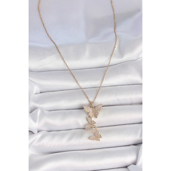 316L Çelik Gold Renk Zirkon Taşlı Sallantı Kelebek Model Kadın Kolye - TJ-BKO10088