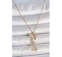 316L Çelik Gold Renk Zirkon Taşlı Sallantı Kelebek Model Kadın Kolye - TJ-BKO10088