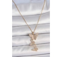 316L Çelik Gold Renk Zirkon Taşlı Sallantı Kelebek Model Kadın Kolye - TJ-BKO10088