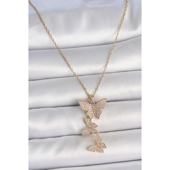 316L Çelik Gold Renk Zirkon Taşlı Sallantı Kelebek Model Kadın Kolye - TJ-BKO10088