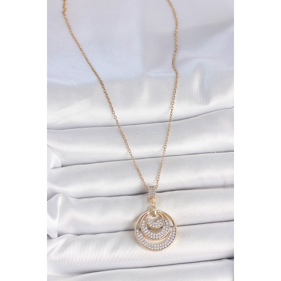 316L Çelik Gold Renk Zirkon Taşlı Madalyon Model Kadın Kolye - TJ-BKO10089