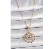 316L Çelik Gold Renk Zirkon Taşlı Madalyon Model Kadın Kolye - TJ-BKO10089