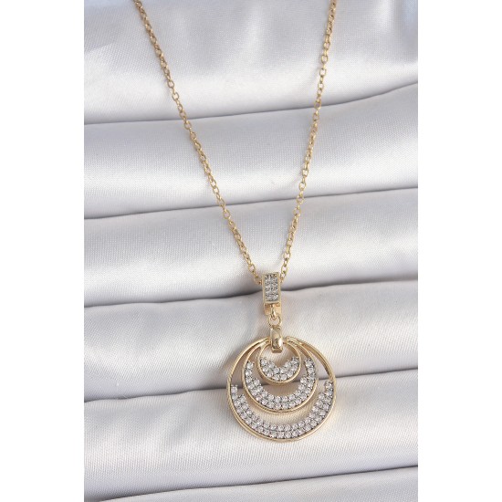 316L Çelik Gold Renk Zirkon Taşlı Madalyon Model Kadın Kolye - TJ-BKO10089