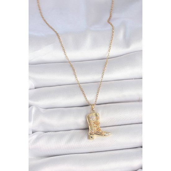 316L Çelik Gold Renk Zirkon Taşlı İşleme Detaylı Çizme Model Kadın Kolye - TJ-BKO10091