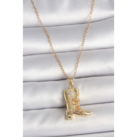 316L Çelik Gold Renk Zirkon Taşlı İşleme Detaylı Çizme Model Kadın Kolye - TJ-BKO10091