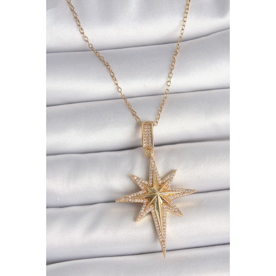 316L Çelik Gold Renk Zirkon Taşlı Kutup Yıldız Model Kadın Kolye - TJ-BKO10092