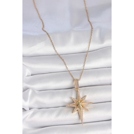 316L Çelik Gold Renk Zirkon Taşlı Kutup Yıldız Model Kadın Kolye - TJ-BKO10092