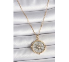 316L Çelik Gold Renk Zirkon Taşlı Pusula Model Kadın Kolye - TJ-BKO10093