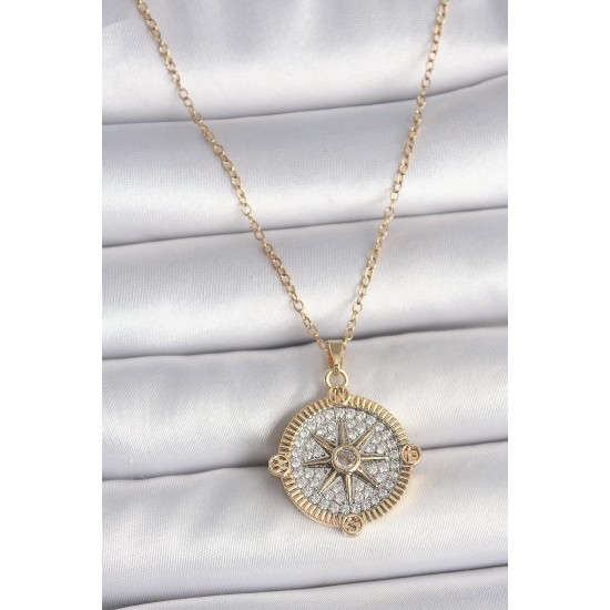 316L Çelik Gold Renk Zirkon Taşlı Pusula Model Kadın Kolye - TJ-BKO10093
