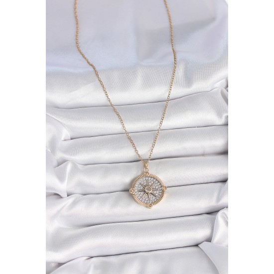 316L Çelik Gold Renk Zirkon Taşlı Pusula Model Kadın Kolye - TJ-BKO10093