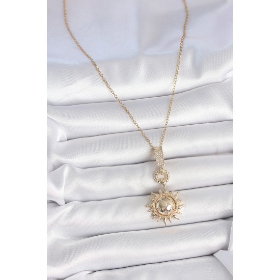 316L Çelik Gold Renk Zirkon Taşlı Sallantı Güneş Model Kadın Kolye - TJ-BKO10094