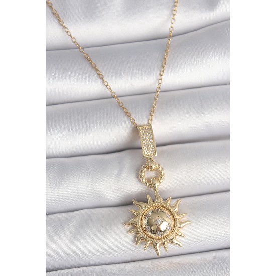 316L Çelik Gold Renk Zirkon Taşlı Sallantı Güneş Model Kadın Kolye - TJ-BKO10094
