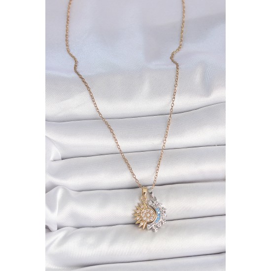 316L Çelik Mix Renk Zirkon Taşlı Ay Güneş Model Kadın Kolye - TJ-BKO10096