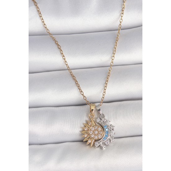 316L Çelik Mix Renk Zirkon Taşlı Ay Güneş Model Kadın Kolye - TJ-BKO10096