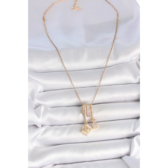 316L Çelik Gold Renk Zirkon Taşlı Sallantı Fotoğraf Makinası Figür Charm Kadın Kolye - TJ-BKO10097