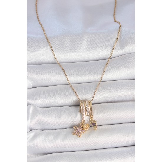 316L Çelik Gold Renk Sallantı Zirkon Taşlı Mor Taşlı Ayıcık Figür Charm Kadın Kolye - TJ-BKO10098