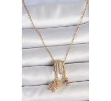 316L Çelik Gold Renk Sallantı Zirkon Taşlı Mor Taşlı Ayıcık Figür Charm Kadın Kolye - TJ-BKO10098