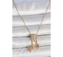 316L Çelik Gold Renk Sallantı Zirkon Taşlı Mor Taşlı Ayıcık Figür Charm Kadın Kolye - TJ-BKO10098