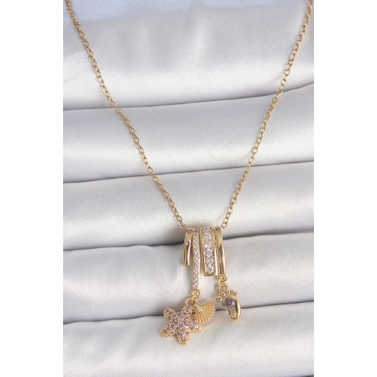 316L Çelik Gold Renk Sallantı Zirkon Taşlı Mor Taşlı Ayıcık Figür Charm Kadın Kolye - TJ-BKO10098