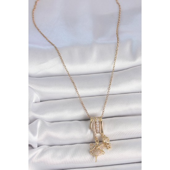 316L Çelik Gold Renk Zirkon Taşlı Sallantı Melek Figür Charm Kadın Kolye - TJ-BKO10099