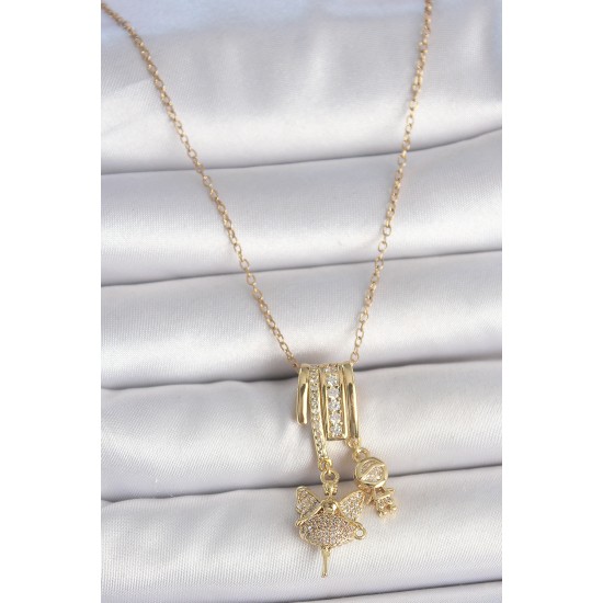 316L Çelik Gold Renk Zirkon Taşlı Sallantı Melek Figür Charm Kadın Kolye - TJ-BKO10099