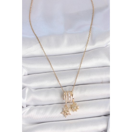 316L Çelik Gold Renk Sallantı Zirkon Taşlı Yıldız Güneş Figür Charm Kadın Kolye - TJ-BKO10100
