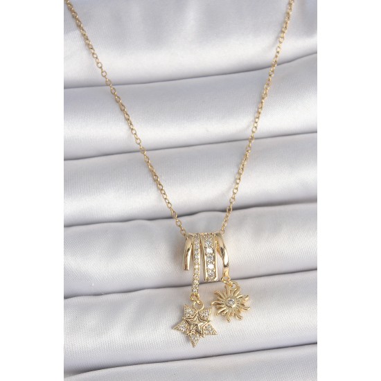 316L Çelik Gold Renk Sallantı Zirkon Taşlı Yıldız Güneş Figür Charm Kadın Kolye - TJ-BKO10100