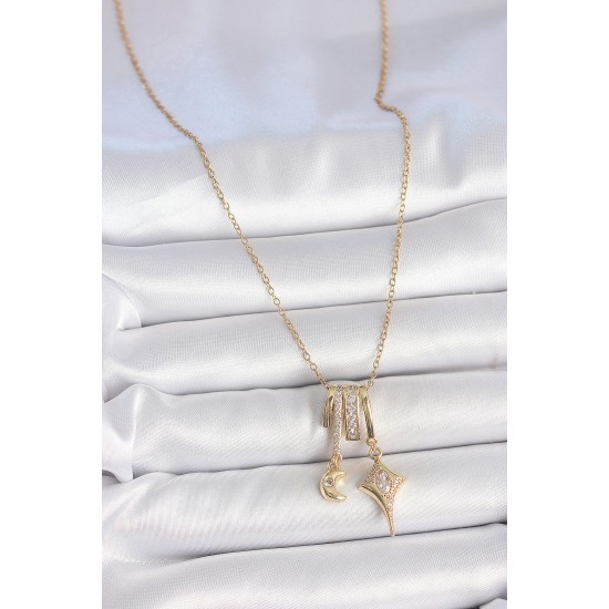 316L Çelik Gold Renk Zirkon Taşlı Sallantı Ay Yıldız Figür Charm Kadın Kolye - TJ-BKO10101