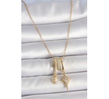 316L Çelik Gold Renk Zirkon Taşlı Sallantı Ay Yıldız Figür Charm Kadın Kolye - TJ-BKO10101