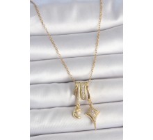 316L Çelik Gold Renk Zirkon Taşlı Sallantı Ay Yıldız Figür Charm Kadın Kolye - TJ-BKO10101